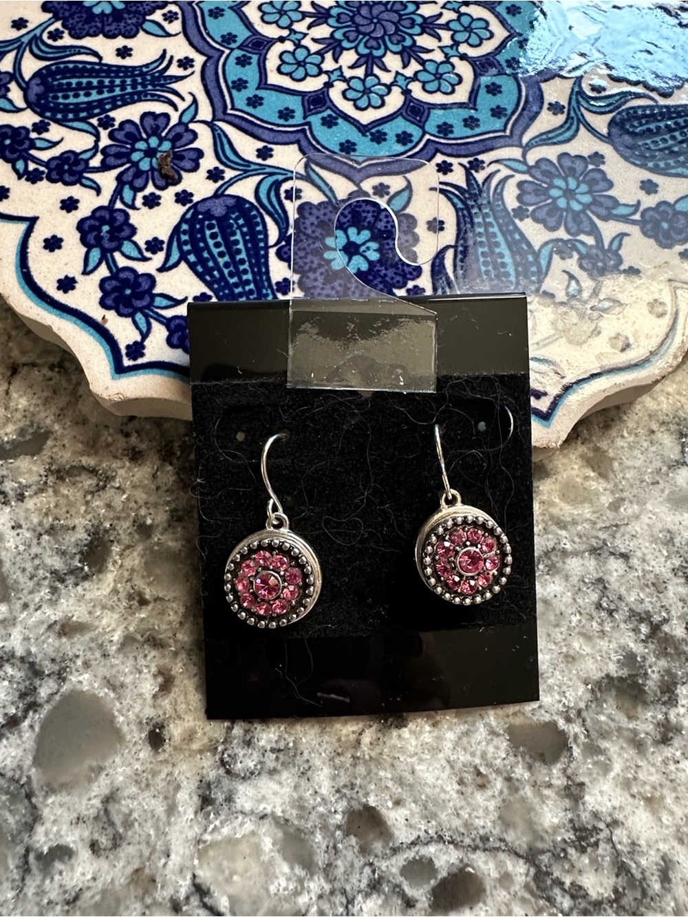 Silver Button Drop Earrings - Silvertone